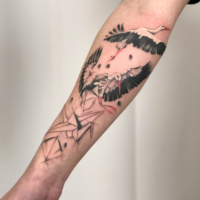 Bocian geometryczny dźwig, photo - Tatuażysta Barb Tattoo