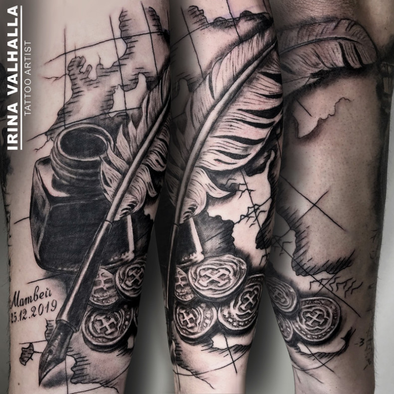 Блэк энд грей карта перо, photo - Тату мастер Barb Tattoo