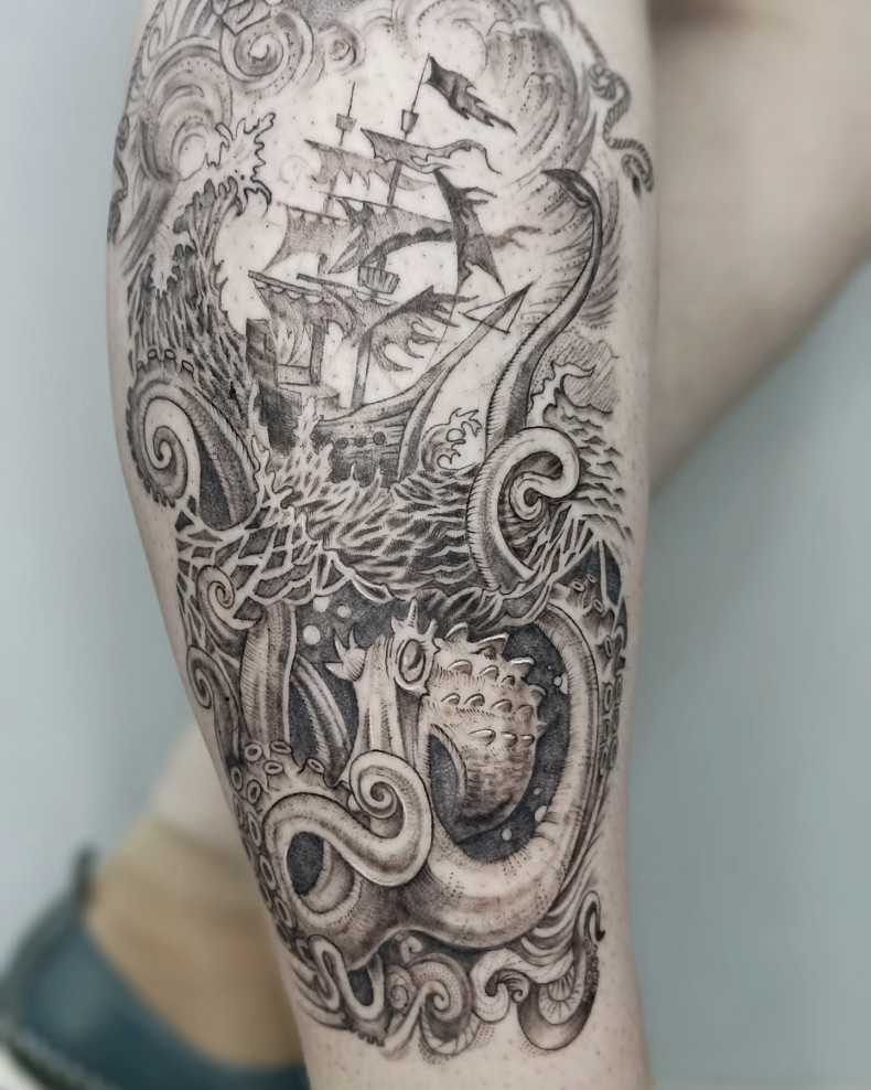 Корабль осьминог, photo - Тату мастер Barb Tattoo