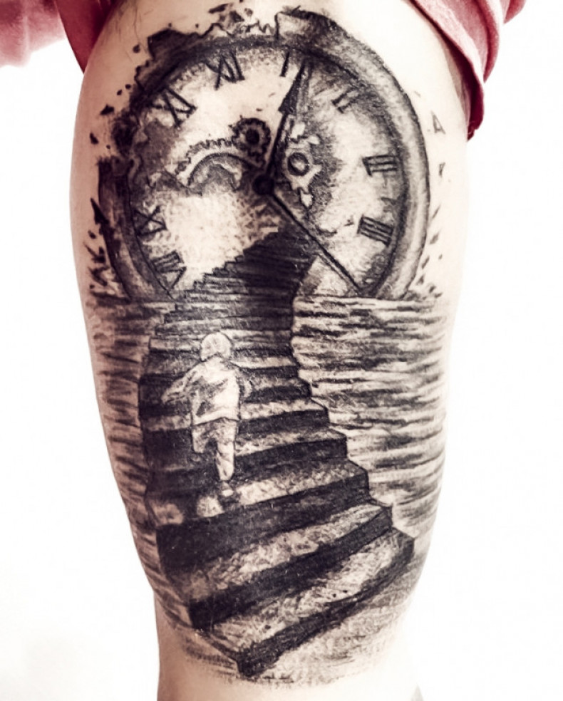 Road ladder clock, photo - Tattoo Master Barb Tattoo