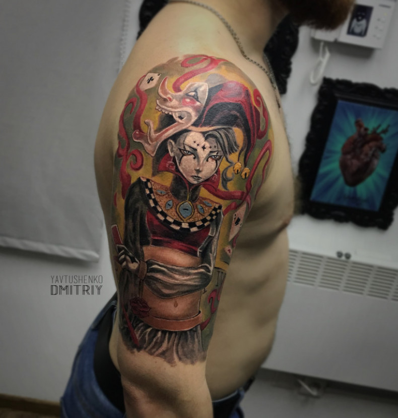 Indywidualnie kolorowy tatuaż Joker Lady. T, photo - Tatuażysta Barb Tattoo