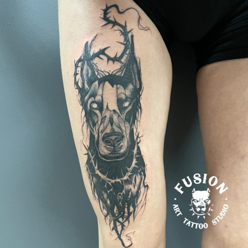  #tattooKijów #tatuaż #podziemia #czarno-biały #doberman #pies, photo - Tatuażysta Barb Tattoo