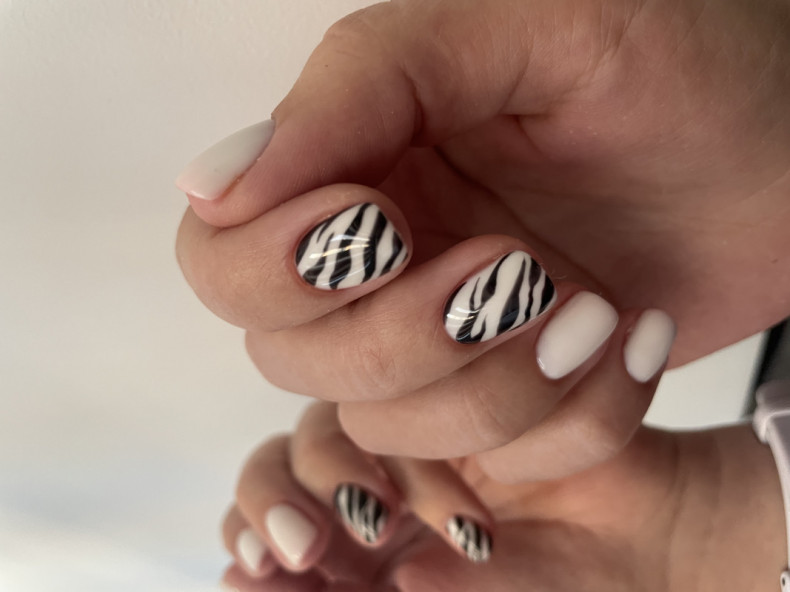 Zebra weiße Maniküre mit Drucken, photo - Maniküre Barb Manicure