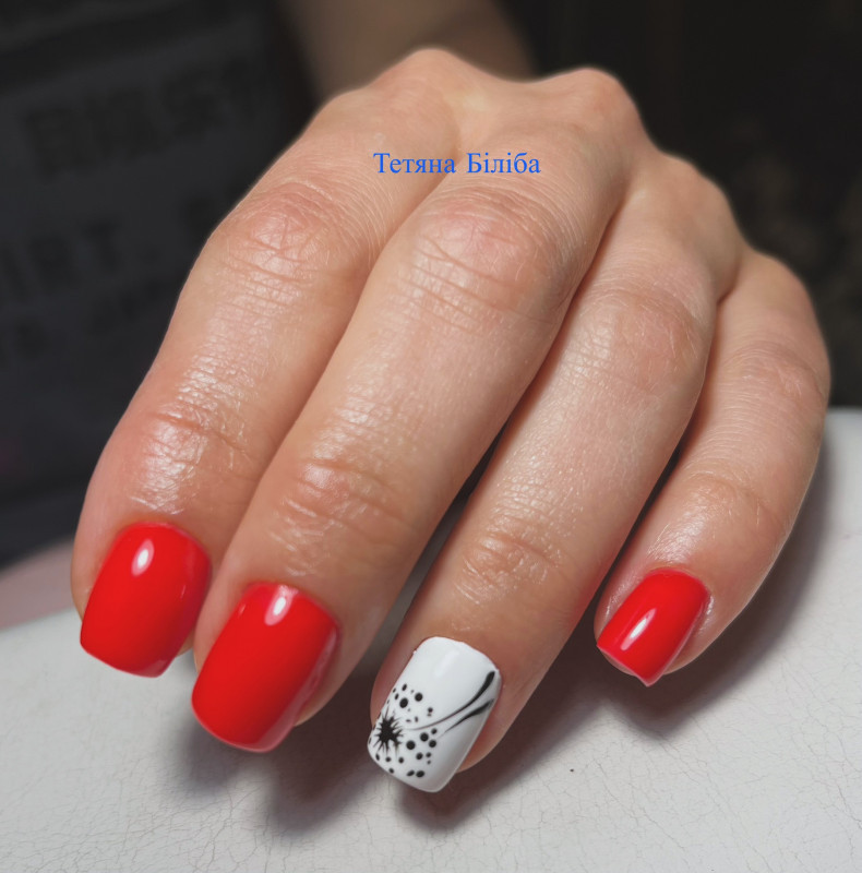 Dandelion red manicure with dandelions, photo - Manicurist Barb Manicure