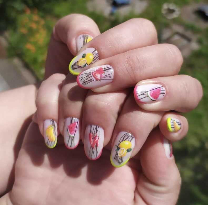 Watermelon pink manicure yellow, photo - Manicurist Barb Manicure