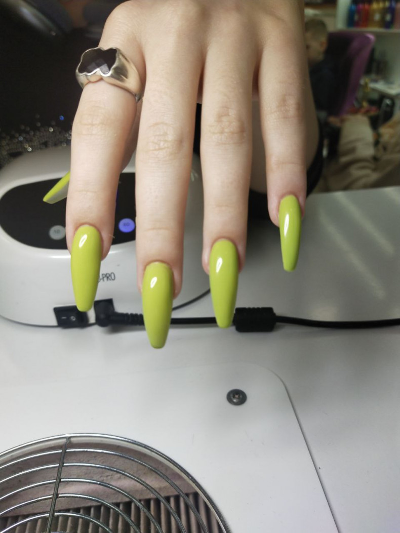 Long light green manicure vibrant neon, photo - Manicurist Barb Manicure