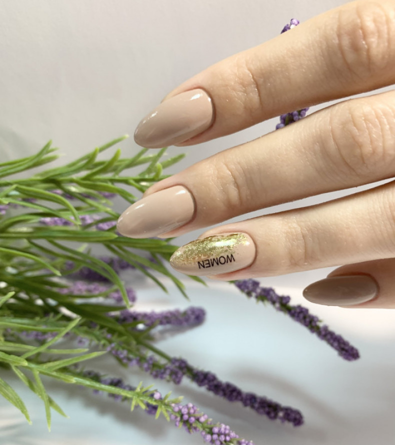 Gold with letters nude manicure, photo - Manicurist Barb Manicure