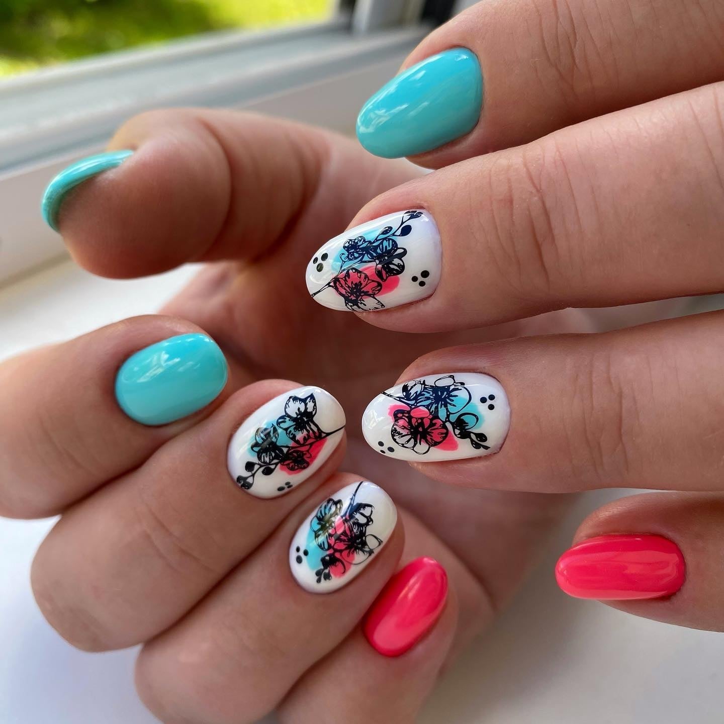 Summer Teal And Coral Nails
