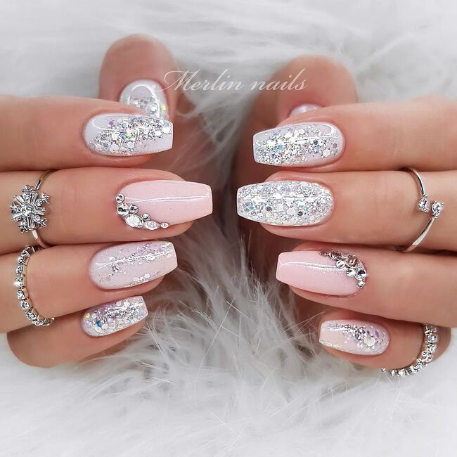 White and Pink Nail Art with Glitter