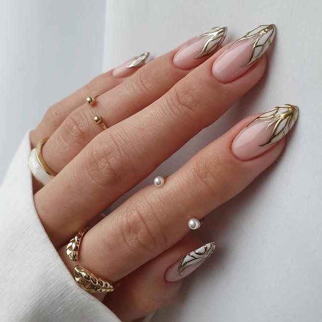 White Tip Nails with Gold Lace Patterns