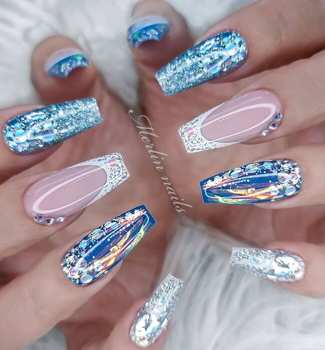 Sparkling White and Blue Coffin Nails 