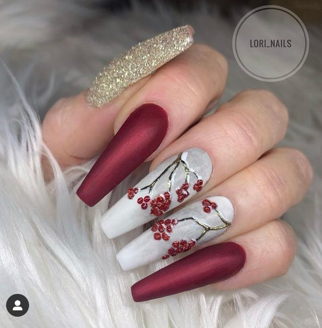 Red and White Long Coffin Nails