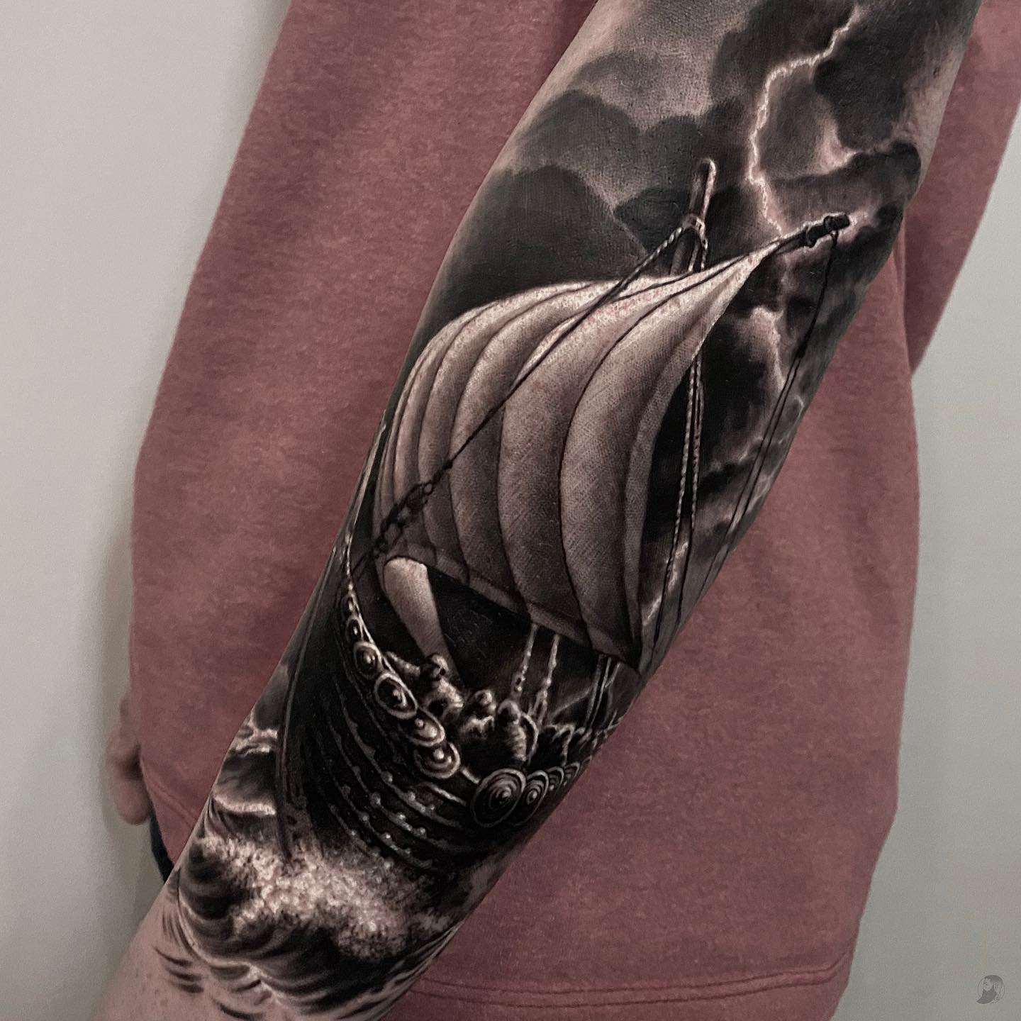 Black Ship Tattoo on Forearm