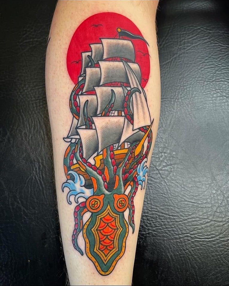 Traditional Ship and Kraken Tattoo