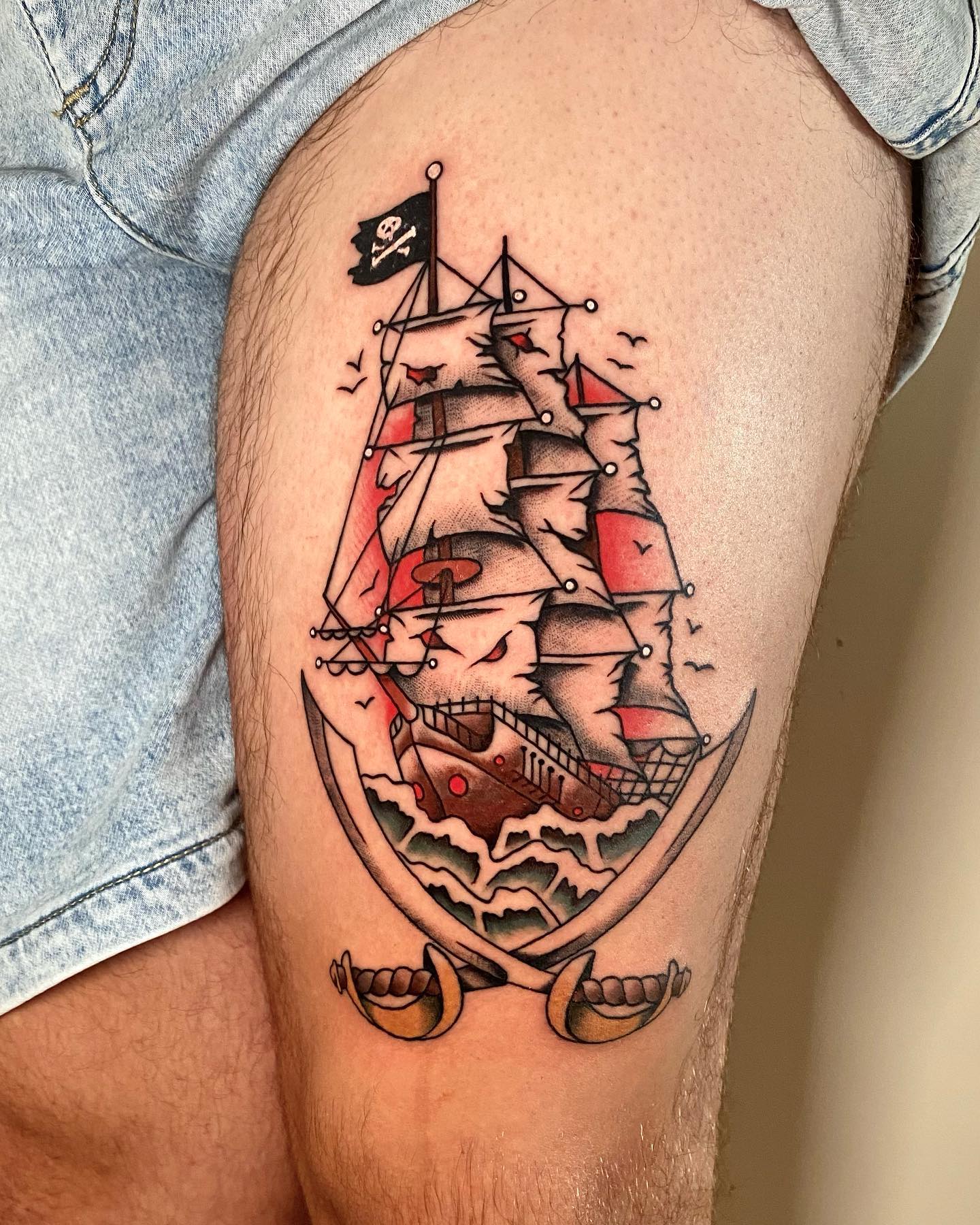 Pirate Ship Tattoo on Thigh