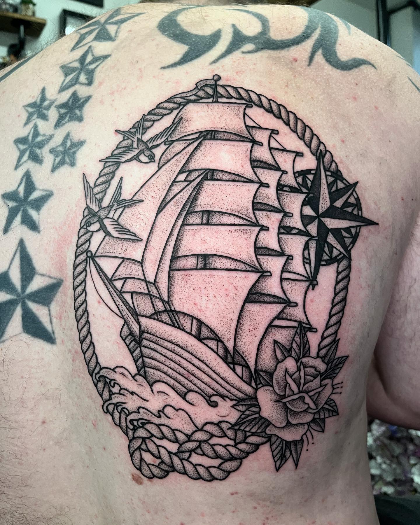 Kraken Ship and Roses Tattoo