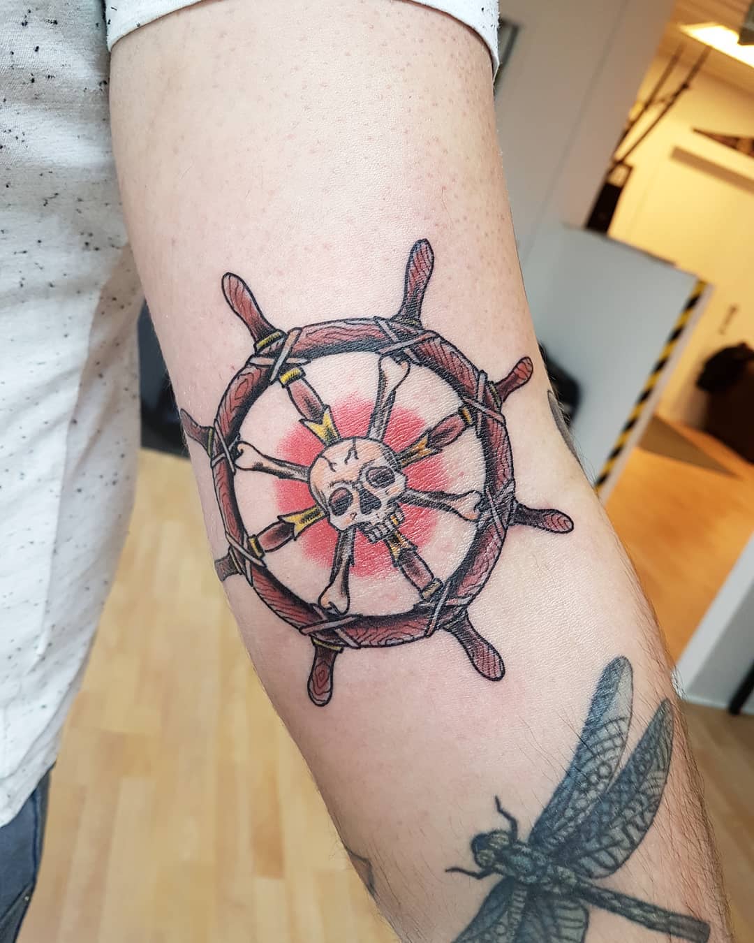 Ship Wheel and Skull Tattoo