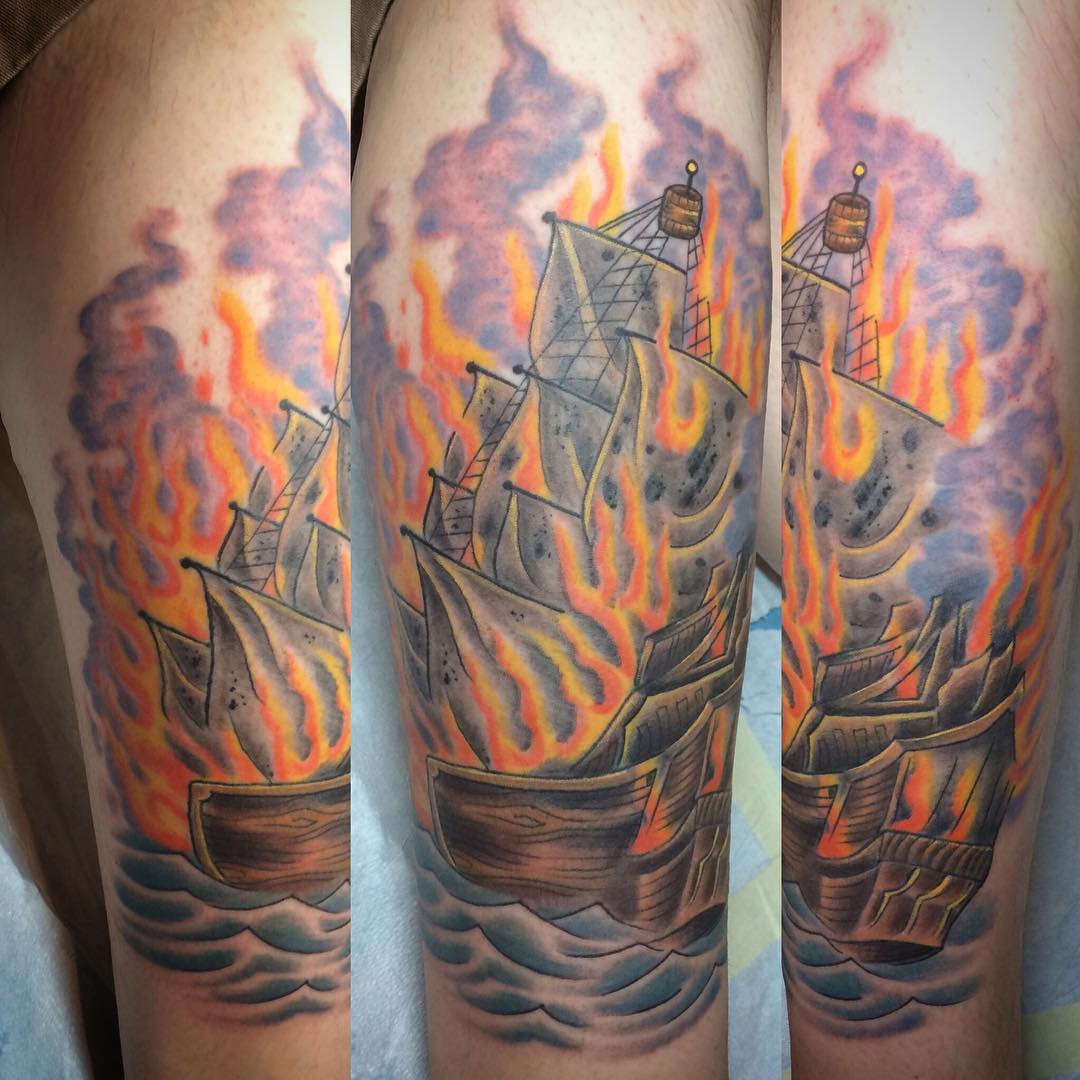 Colour Burning Ship Tattoo