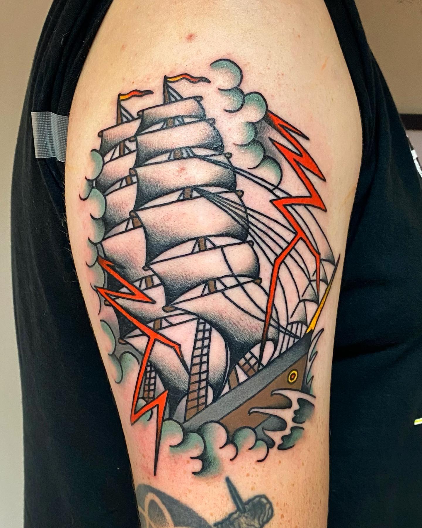 Old School Ship in Storm Tattoo