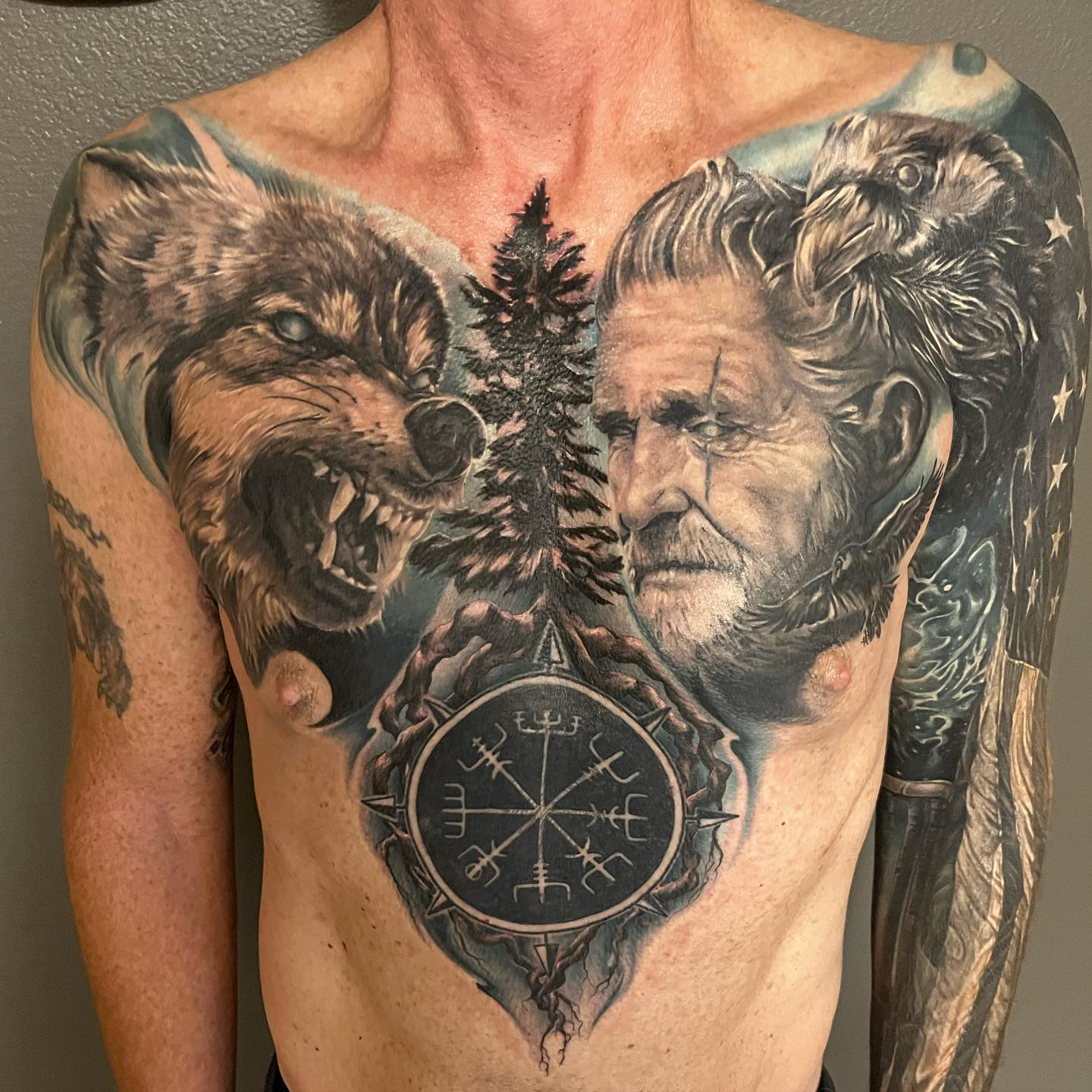 Nordic Raven wolf and Warrior Tattoo