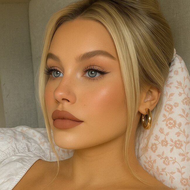 Striking nude makeup with matte lipstick and eyeliner