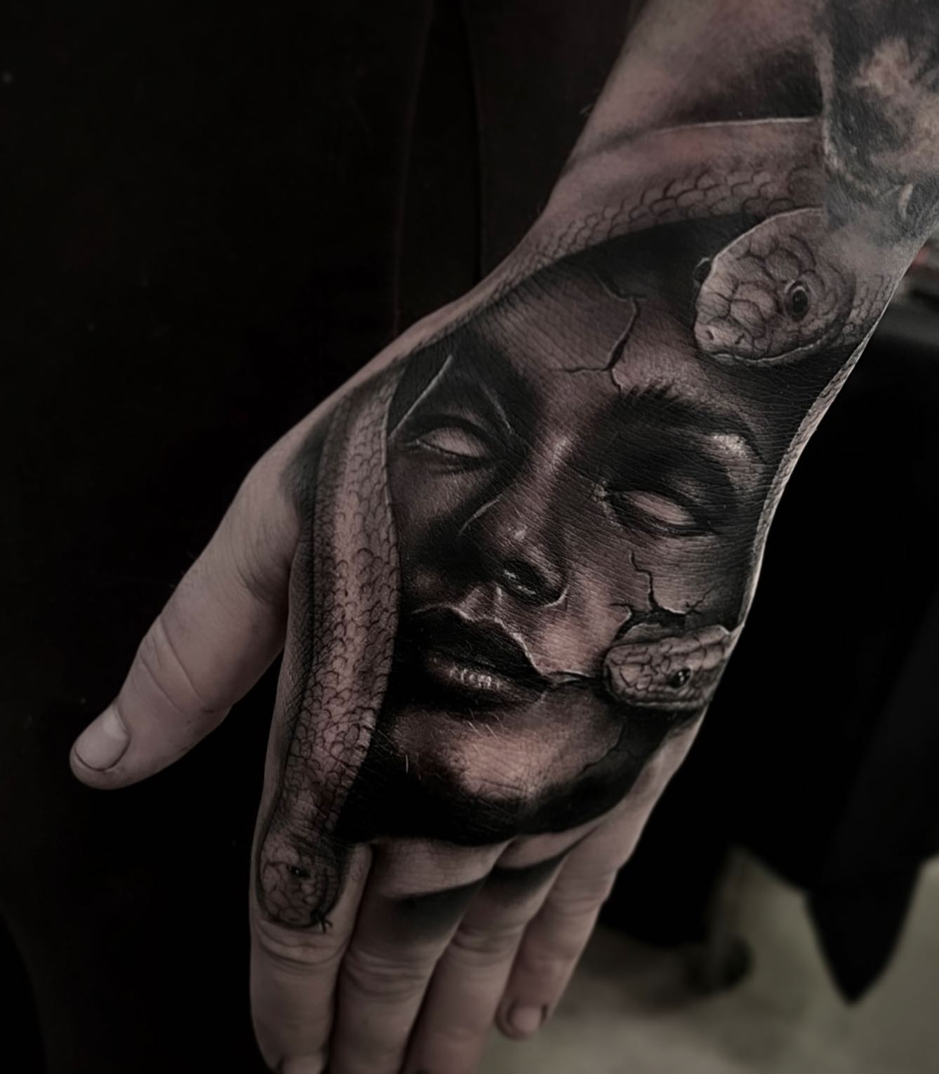 Black Medusa Hand Tattoo