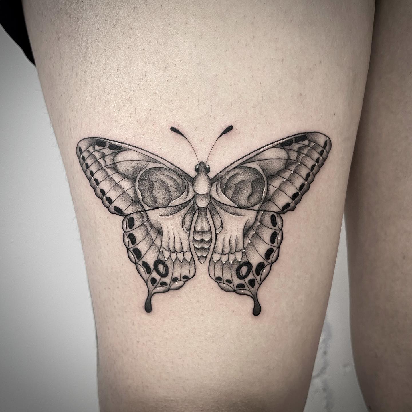Tatuaż czaszki czarnego motyla