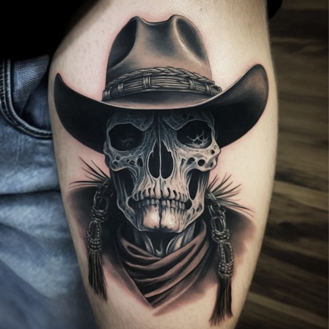 Czarny kowbojski tatuaż czaszki