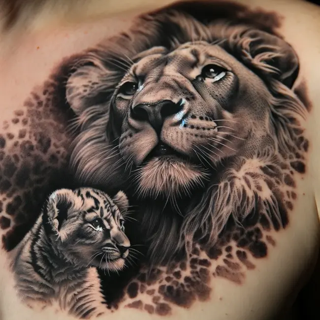 The tattoo portrays a majestic lion and its cub, masterfully inked realistic style on the chest, symbolizing strength and familial bond