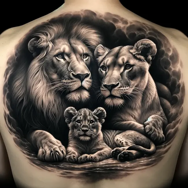 The tattoo depicts a lion family in a touching scene of unity and protection