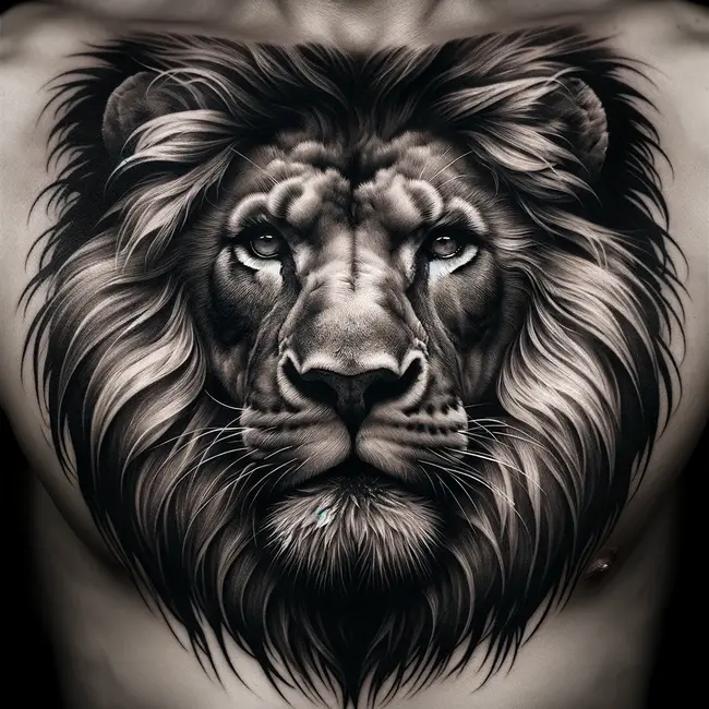 Татуировка, изображающая львиную морду с исключительной детализацией, идеально подходит для области груди