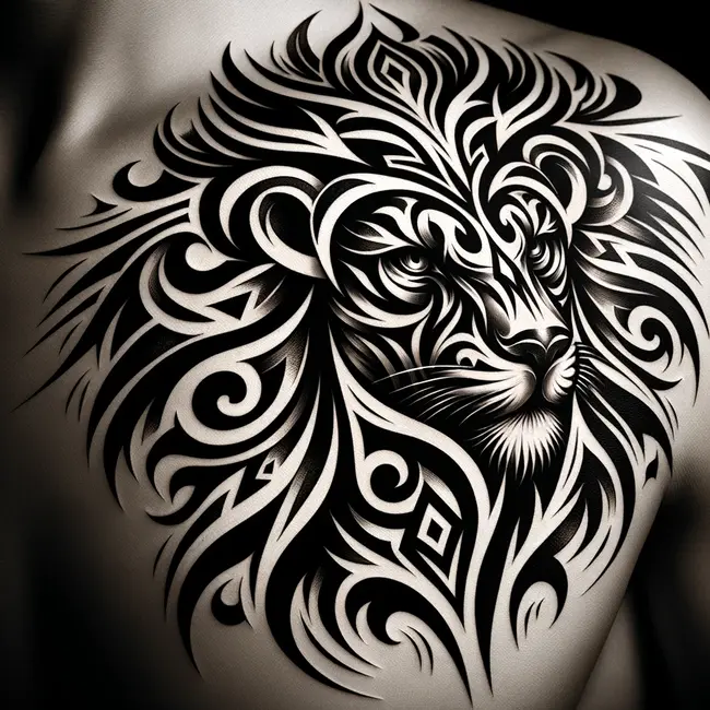 Тату льва в стиле трайбл с жирными линиями и замысловатыми узорами, символизирующая силу и власть