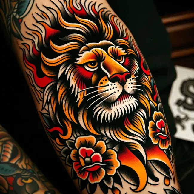 Traditional tattoo art with a lion's head, characterized by bold lines and vibrant colors, symbolizing strength and leadership, designed for the bicep