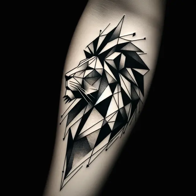 The tattoo artfully combines geometric shapes to form a lion's silhouette on the forearm, embodying a modern interpretation of strength and artistic creativity