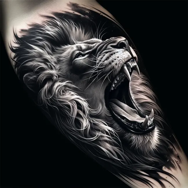 The upper arm tattoo captures the intense moment of a lion roaring, designed to convey courage and an indomitable spirit 