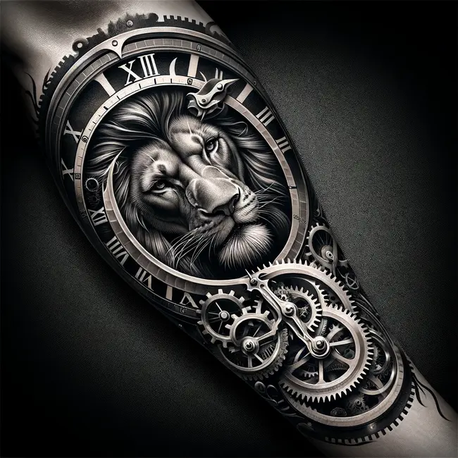 The tattoo intricately merges a lion with a clock, crafted with detailed artistry for the forearm