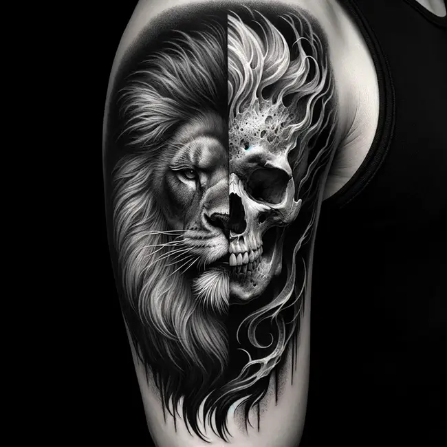 The tattoo showcases a fusion of a lion and a skull on the upper arm, symbolizing the cycle of life and death