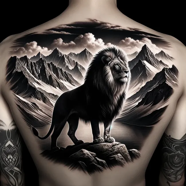 Back tattoo artistically merges the grandeur of a mountain landscape with the noble presence of a lion