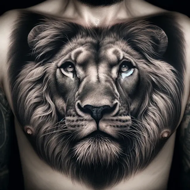 Highly realistic lion's face on the chest, showcasing an intense gaze and detailed mane, symbolizing power and nobility with striking depth and texture