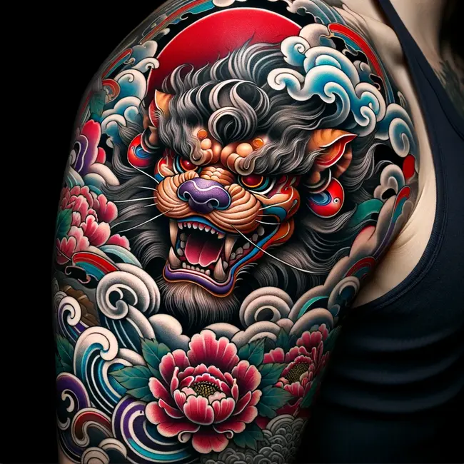 The tattoo showcases a Japanese lion Shishi in vivid colors adorned with traditional elements 