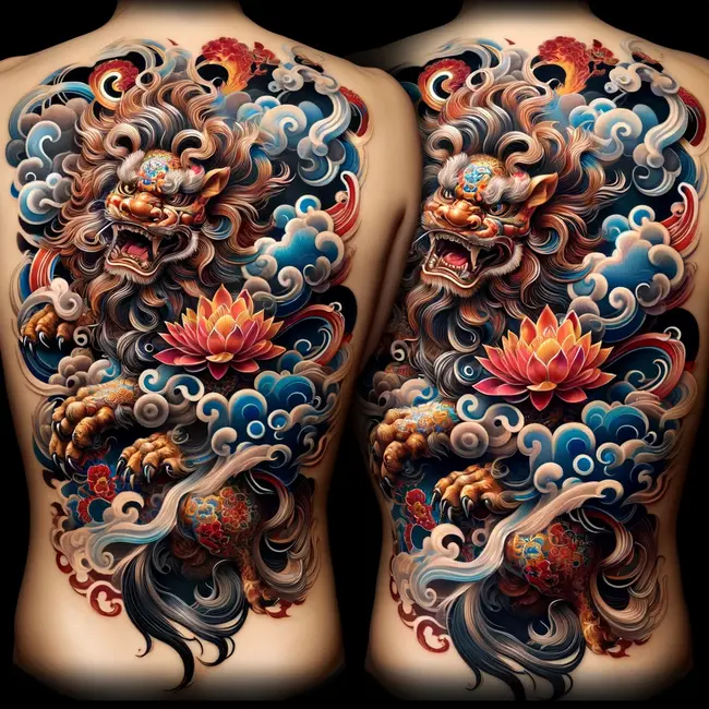Chinese guardian lion full body tattoo, rich in cultural symbolism and artistry, designed to convey protection and strength