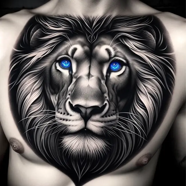 The tattoo showcases a lion with mesmerizing blue eyes, creating a striking contrast that symbolizes depth and wisdom