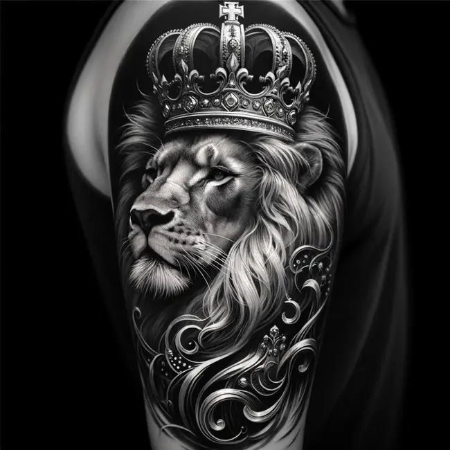 Lion tattoo adorned with a crown with detailed artistry highlighting its regal presence and power on the upper arm