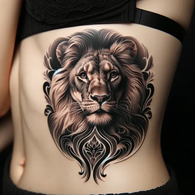 Татуировка изображает льва на грудной клетке, прекрасно выражая женскую силу, грацию и стойкость.