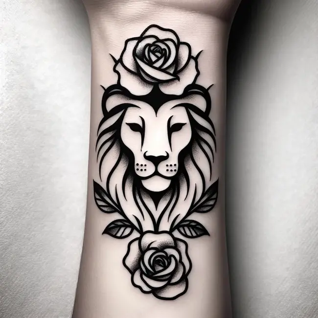 The tattoo elegantly combines a lion's head with minimalistic roses on the wrist through simple lines and minimal shading
