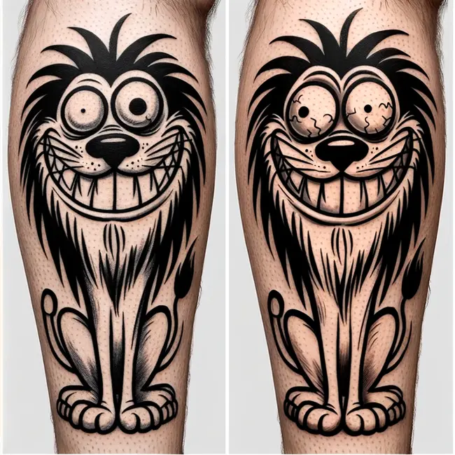 Lion badass tattoo, featuring a cartoonish lion with exaggerated and humorous features