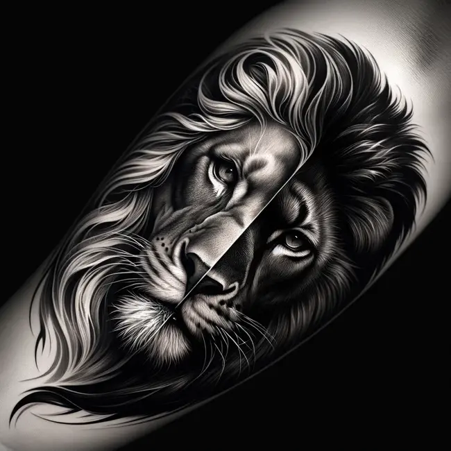 The tattoo features a compelling half lion face design on the forearm, symbolizing the duality of human nature 