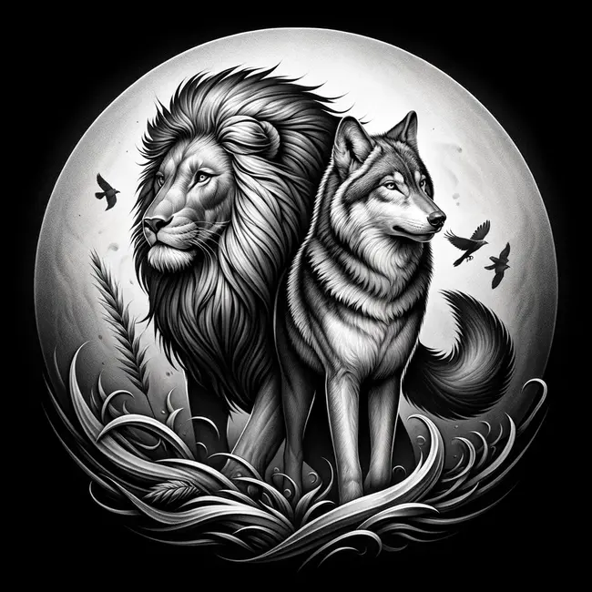 The tattoo of lion and a wolf standing together, rendered in detailed black and gray on the back