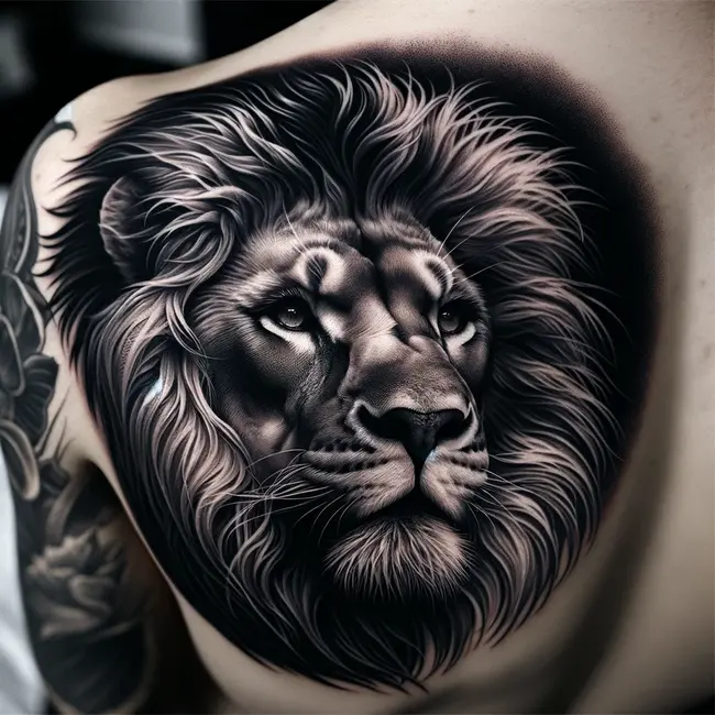The tattoo of a lion's head with realistic details and shading on the shoulder blade