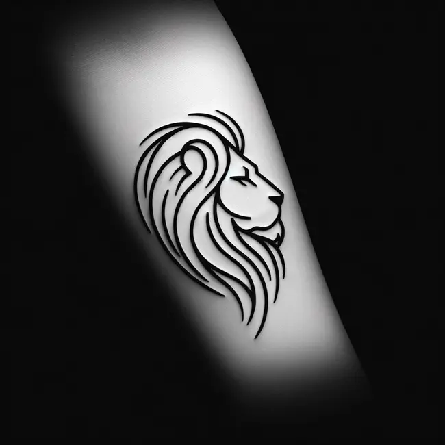 Minimalist outline tattoo of a lion's head on the forearm, elegantly capturing its regal essence with clean lines